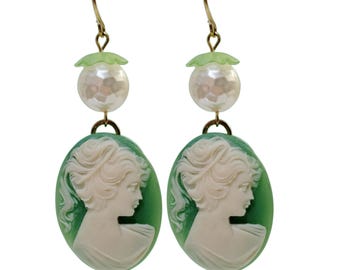 Vintage GREEN Cameo Earrings with Japanese Pearl Beads | Handmade Victorian Style Statement Earrings