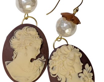Vintage Brown Cameo Earrings with Japanese Pearl Beads | Handmade Victorian Style Statement Earrings