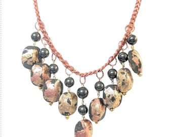Handmade Turtle Shell Necklace and Earrings Set, Vintage Copper Chain, Swarovski Pearls
