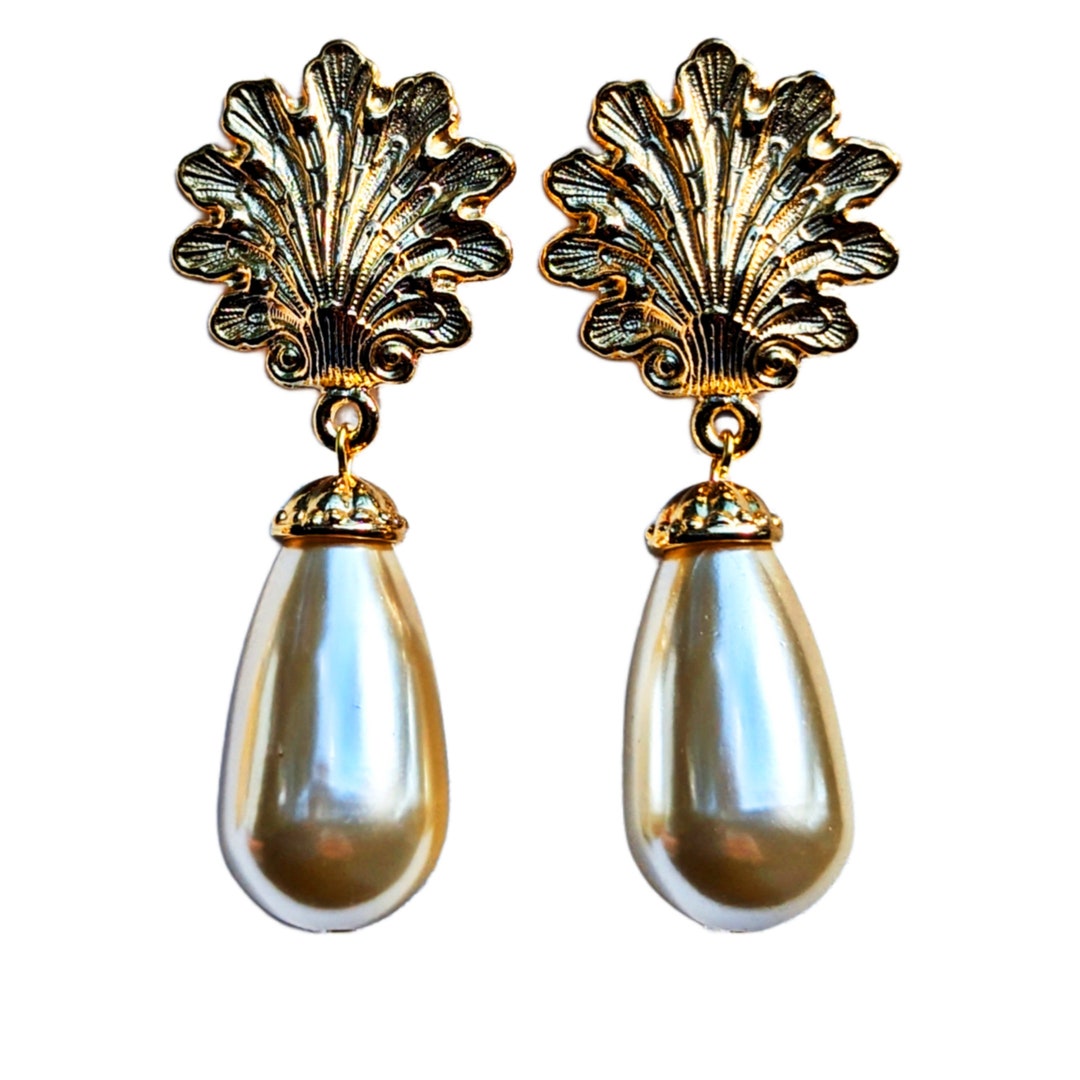 Plated Shells Gold Plated Shells With Vintage Japan Drop Pearls Post Earrings 2.5 ...
