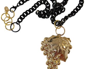 Oversized Gold Grape Pendant Necklace | Black Curb Chain, Vineyard Statement Jewelry
