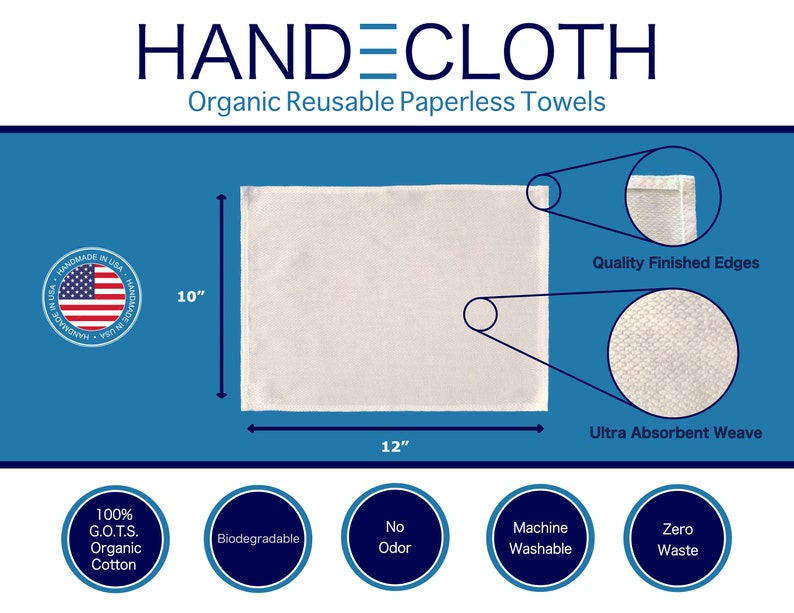 Organic Handecloth Cloth Paper Towels Swedish 10" x 12" Preshrunk