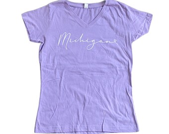 Woman's Vneck Tshirt: Michigan Script with heart- Purple