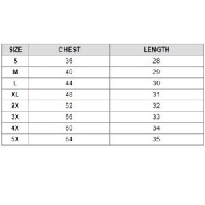 May include: A white chart with black text detailing clothing sizes. The chart lists sizes from S to 5X, with corresponding chest measurements in inches ranging from 36 to 64, and lengths in inches from 28 to 35.