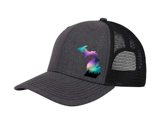 Michigan Map Northern Lights Snapback Hat- Michigan Great Lakes hat- Michigan Hat- Snap back Hat- Michigan- Michigan Gifts-Michigan Made