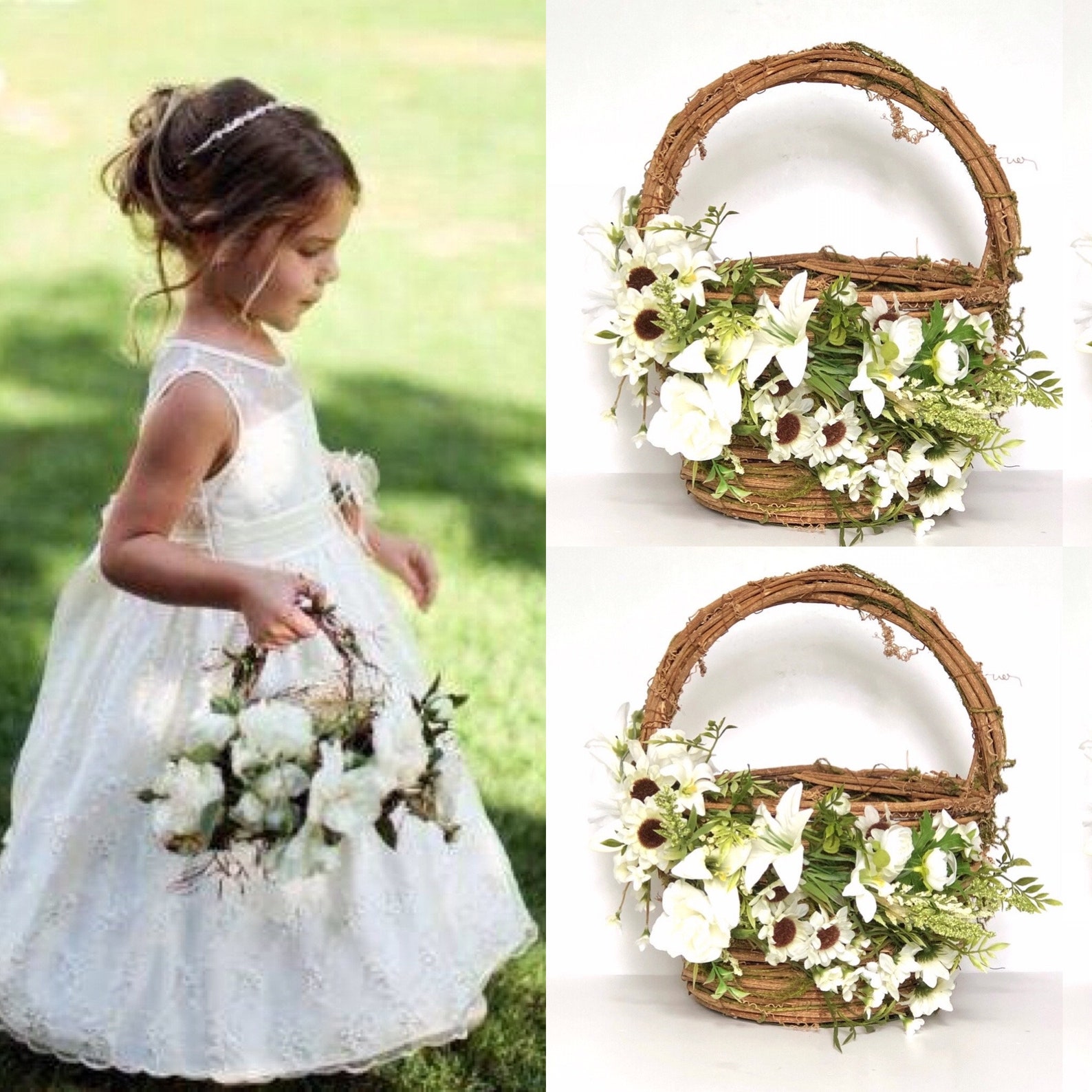 Flower girl basket with White flowers and greenery  Etsy