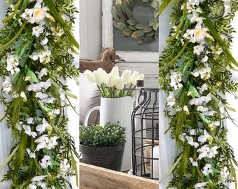 Greenery and white floral garland/farmhouse table runner/ mantle garland decor/greenery garland/Nursery decor/spring decor/farmhouse garland