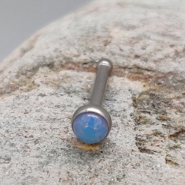 Moon Stone Bezel Set | Bobble End Nose Bone | Straight Nose Stud | 1mm (18g) | Implant Grade Titanium | Nostril Piercing Jewelry | UK Seller