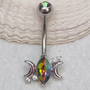 Mystic Topaz Crystal Double Crescent Moon Goddess | Surgical Steel Belly Bar | Navel Piercing Ring | UK Seller | Body Jewellery Stud