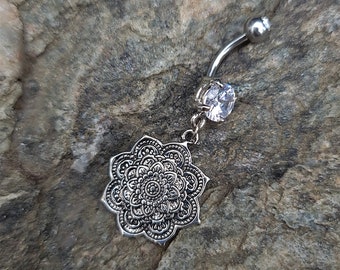 All Steel Flower Mandala Dangle Belly Bar - UK Seller