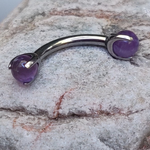 Amethyst Prong Set Stone | 1.2mm (16g) Internally Threaded Titanium Curved Barbell | Rook Eyebrow Anti Tragus Piercing Bar | UK Seller