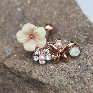 Crystal, Pearl and Butterfly Flower Rose Gold Plated Cartilage/Helix Ear Barbell Earring Stud