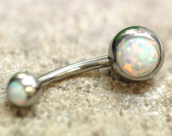 White Fire Opal Navel Ring Belly Bar - UK Seller