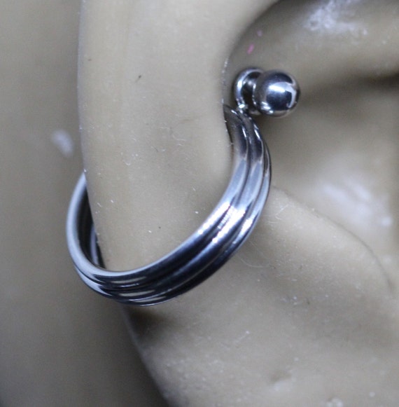 Titanium Triple Band Stacked Conch Piercing Cuff Shield Ring Jewellery | 1.2mm / 1.6mm Barbell | UK Seller | Implant Grade Earring Ear Hoop