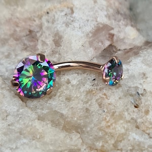 Rose Gold PVD Mystic Topaz Crystal Internally Threaded Steel Prong Belly Bar - UK Seller