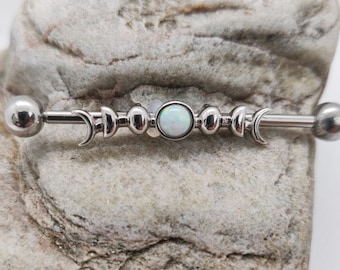 White Fire Opal Crescent Moon Phases | Scaffold/Industrial Piercing Barbell | UK Seller | Ear Piercing Bar | Unusual Body Piercing Jewelry