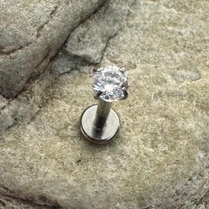 3mm Clear Crystal | Prong Set Stone | Titanium Micro Labret Stud | 1.2mm (16g) | Ear Piercings Tragus Conch Helix Lip Medusa | UK Seller