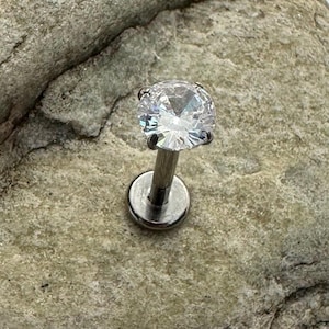 4mm Clear Crystal | Prong Set Stone | Titanium Micro Labret Stud | 1.2mm (16g) | Ear Piercings Tragus Conch Helix Lip Medusa | UK Seller