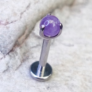 Amethyst Prong Set Stone | 1.2mm 16g Titanium Flat Back Stud | Philtrum Medusa Labret Helix Cartilage Conch Piercing Jewelry | UK Seller