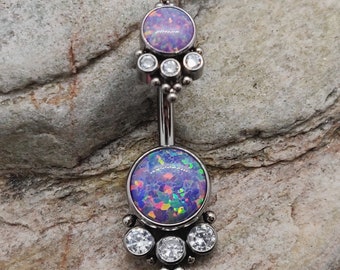 Purple Fire Opal & CZ Crystal Double Cluster | Internally Threaded Titanium Belly Bar | Implant Grade Navel | Body Piercing Ring | UK Seller