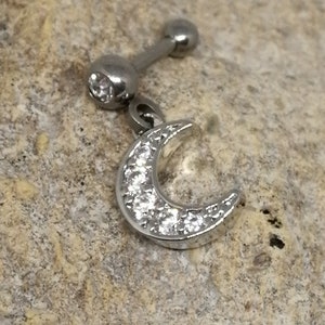 Crystal Crescent Moon Dangle Cartilage/Helix Ear Barbell Earring Stud