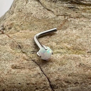 White Fire Opal Stone | 2mm / 3mm Gem Surgical Steel | L-Shape Bend Nose Stud | Body Jewelry Nostril Piercing Ring | 0.8mm 1mm | UK Seller