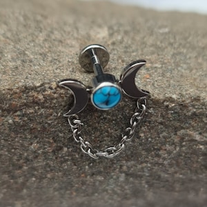 Crescent Moon Goddess and Turquoise Stone Titanium Labret Stud - 1.2mm Gauge - suitable for lip, tragus, helix, conch etc - UK Seller