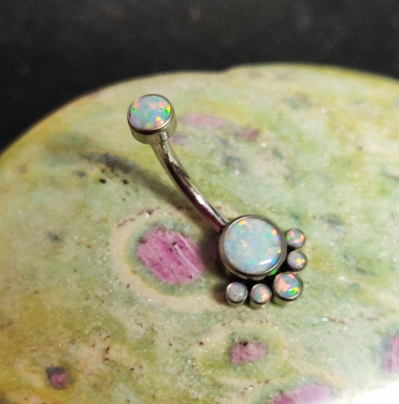 Implant Grade Titanium Internally Threaded White Opal Bezel Cluster Belly Ring Implant Grade Titanium Internally Threaded White Opal Bezel Cluster Belly Ring