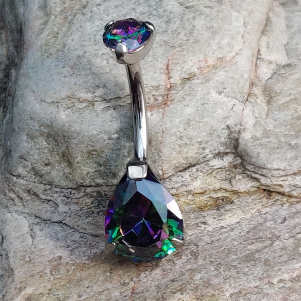 Pear Cut Mystic Topaz Cubic Zirconia | Prong Set Crystal Belly Bar | Implant Titanium Navel Piercing Stud | Internally Threaded | UK Seller