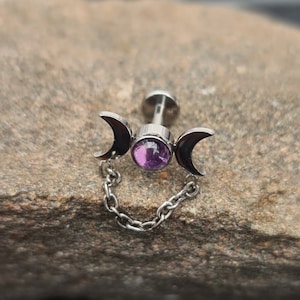 Crescent Moon Goddess Amethyst Stone | Implant Titanium Labret Stud | 16g 1.2mm Gauge | Ear Piercings Flat Conch Helix Ring Bar | UK Seller