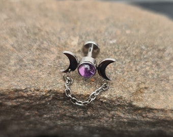 Crescent Moon Goddess Amethyst Stone | Implant Titanium Labret Stud | 16g 1.2mm Gauge | Ear Piercings Flat Conch Helix Ring Bar | UK Seller