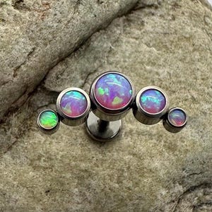 Pink Mix Fire Opal Curve Cluster Titanium Piercing Stud | 1.2mm 16g | Flat Back Labret | Ear Cartilage Conch Helix Jewelry | UK Seller