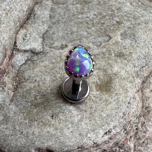 Purple Fire Opal Pear Tear Drop Titanium Piercing Stud | 1.2mm 16g | Flat Back Labret | Ear Cartilage Conch Helix Tragus Jewelry | UK Seller
