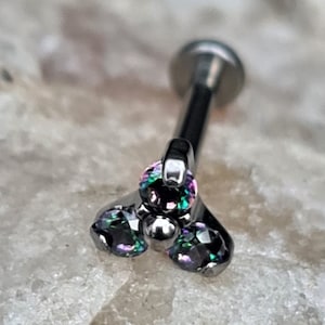 Mystic Topaz Crystal Trinity | Titanium Flat Back Labret Stud | 1.2mm (16g) Gauge | Lip Ear Tragus Helix Conch Piercing Ring | UK Seller