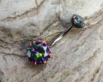 Mystic Topaz Cubic Zirconia Prong Set Crystal Belly Bar - Titanium Navel Piercing Bar - Internally Threaded - UK Seller