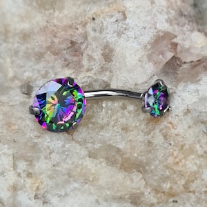 Mystic Topaz Crystal Internally Threaded Steel Prong Belly Bar - UK Seller