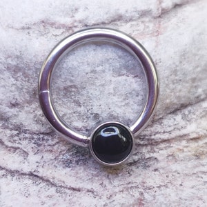 Black Agate | 1.2mm (16g) Clicker Hinged Piercing Ring | Semi Precious Stone Implant Grade Titanium | For Septum Ear Daith Helix | UK Seller