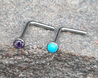 Turquoise Bezel Set Semi Precious Stone | L-Shape Bend Nose Stud | Implant Grade Titanium | Nostril Piercing Jewelry | UK Seller