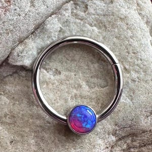 Purple Fire Opal | 1.2mm (16g) Clicker Hinged Piercing Ring | Implant Grade Titanium Hoop | Septum Ear Daith Helix Jewelry | UK Seller