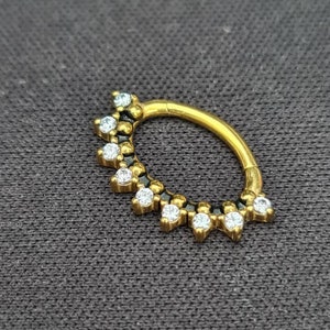 Clear CZ Crystal Gold Plated Black Enamel Pattern Clicker Daith Piercing Hinged Ring - UK Seller