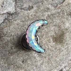 White Fire Opal Crescent Moon Titanium Piercing Stud | 1.2mm 16g | Flat Back Labret | Ear Cartilage Conch Helix Tragus Jewelry | UK Seller