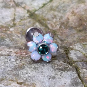Blue Fire Opal & Crystal Flower Titanium Labret Stud - 1.2mm Gauge - suitable for lip, tragus, helix, conch etc - UK Seller