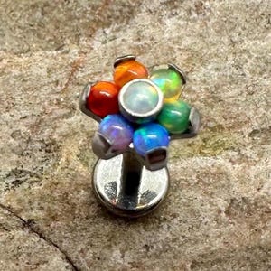 Fiore di opale di fuoco arcobaleno / Piercing in titanio / / Labret posteriore piatto / Anello per cartilagine dell'orecchio con labbro superiore Medusa Conch Helix Orecchino / Venditore nel Regno Unito