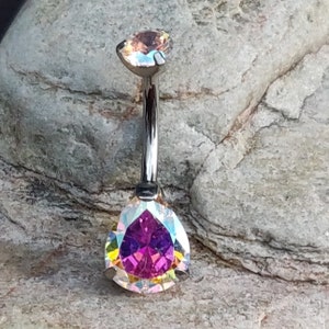 Pear Cut AB Iridescent CZ Crystal | Prong Set Crystal Belly Bar | Implant Titanium Navel Piercing Stud | Internally Threaded | UK Seller