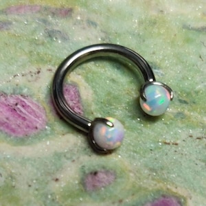 May include: A silver-coloured horseshoe piercing ring with an opal-like stone at each end. The jewellery is set against a textured, green and pink background. The opal stones have a shimmering, iridescent quality.