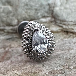 Millgrain Pear Beaded Clear Crystal Titanium Piercing Stud | 1.2mm Gauge | Flat Back Labret | tragus helix conch ear cartilage | UK Seller