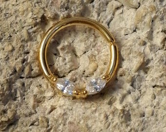 Crystal Double Gem Gold Plate Surgical Steel Seam Ring - UK Seller - Ear, Daith, Septum etc Piercings