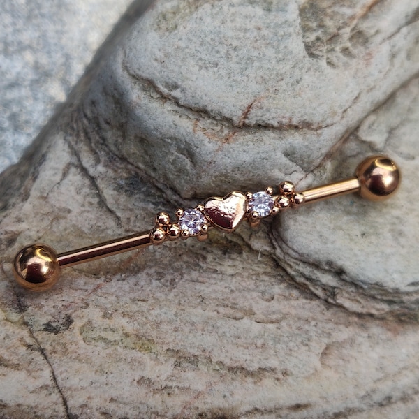 Heart Bead Crystal Cluster Rose Gold Scaffold/Industrial Piercing Barbell - UK Seller