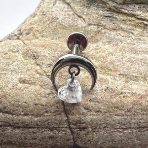 Crescent Moon Crystal Dangle | Titanium Piercing Stud | 1.2mm 16g | Flat Back Labret | Ear Cartilage Conch Hidden Helix Earring | UK Seller