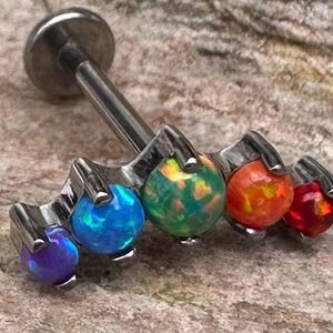 Rainbow Fire Opal Arc Cluster Titanium Piercing Stud | 1.2mm 16g | Flat Back Labret | Ear Cartilage Conch Helix Tragus Jewelry | UK Seller